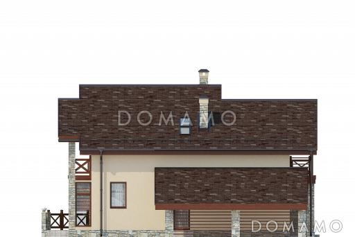 Проект дома с большой открытой террасой, навесом на одну машину, вторым светом, террасой и балконом на мансардном этаже / Фасад 2