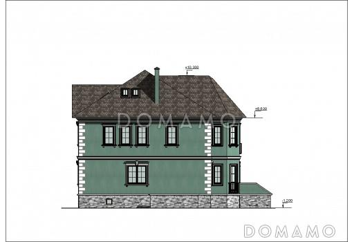 Проект большого двухэтажного дома с цоколем и мансардой,с эркером, сауной и бассейном / Фасад 3