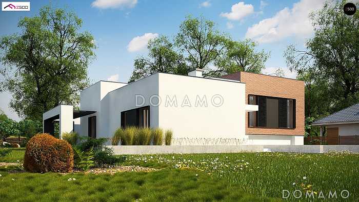 Проект современного одноэтажного дома из газобетона с плоской крышей с тремя спальнями и подземным гаражом