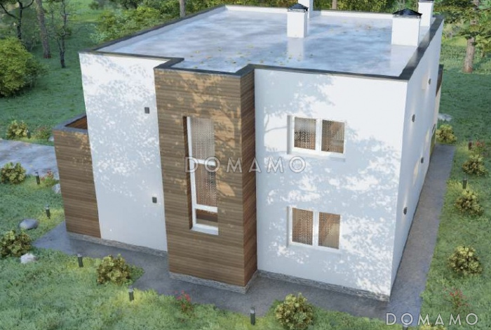 Проект двухэтажного дома с плоской крышей, изолированной кухней-столовой, гостиной с выходом на террасу, гостевой комнатой