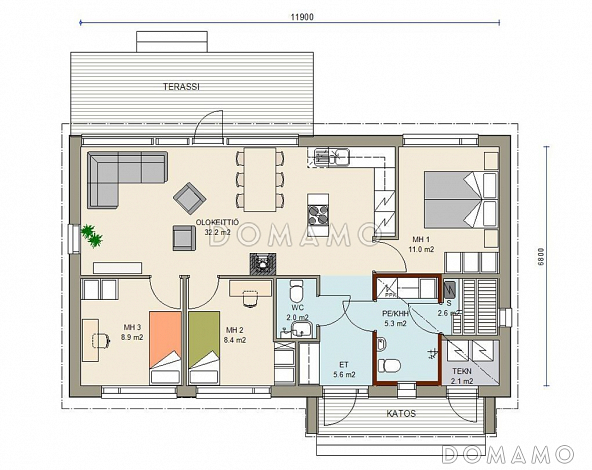 Проект одноэтажного каркасного дома с панорамным остеклением / План 1 этажа