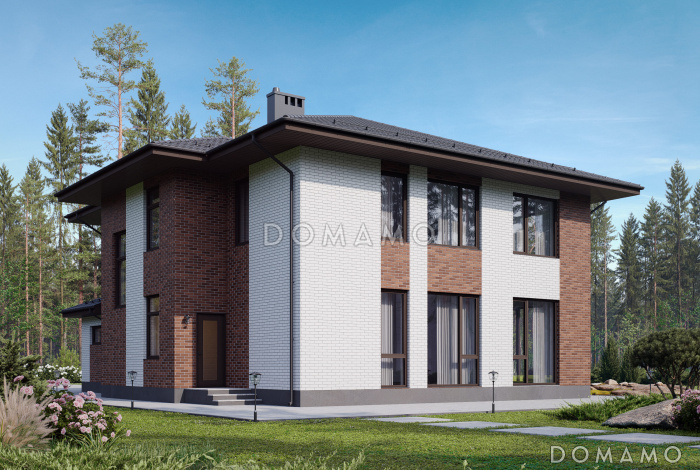 Проект двухэтажного дома с гаражом, комнатой на первом этаже, 3 спальнями и кабинетом