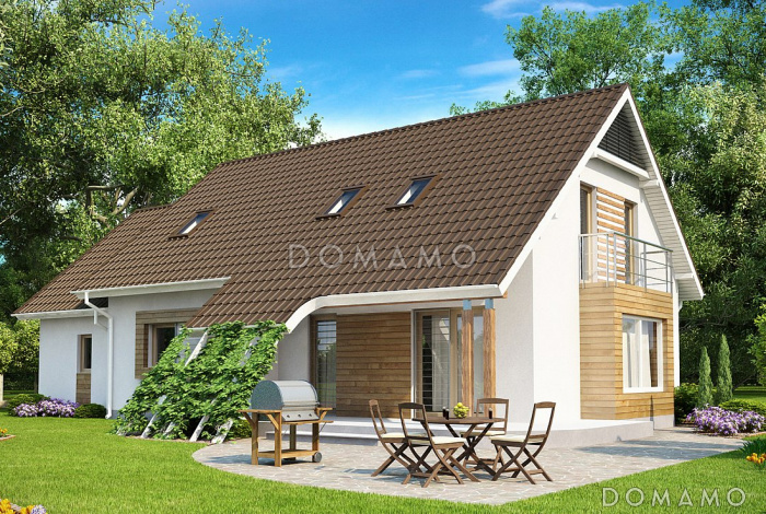 Проект одноэтажного мансардного дома из кирпича с четырьмя спальнями, эркером и гаражом