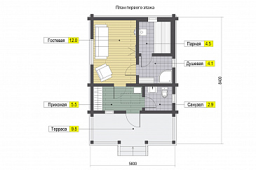 Проект бани с гостевой комнатой, террасой, парной и душевой / План 1 этажа