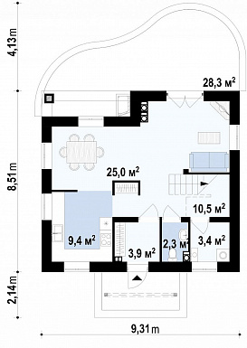 Проект компактного одноэтажного мансардного дома из кирпича квадратной формы с барбекю на террасе / План 1 этажа
