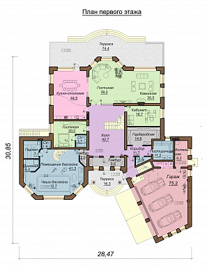 Проект большого двухэтажного дома с мансардой,с эркером, гаражом, сауной и бассейном / План 1 этажа