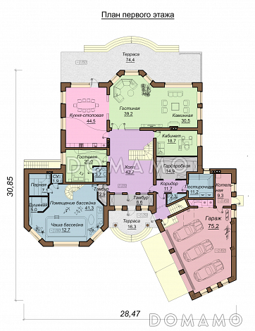 Проект большого двухэтажного дома с мансардой,с эркером, гаражом, сауной и бассейном / План 1 этажа