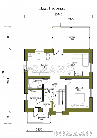 Проект одноэтажного дома из газобетона с мансардой и четырьмя спальнями / План 1 этажа