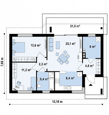 Проект небольшого одноэтажного дома из кирпича с отделённой спальной зоной / План 1 этажа