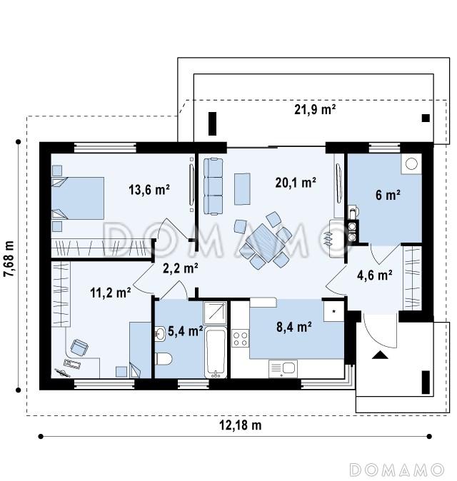 Проект небольшого одноэтажного дома из кирпича с отделённой спальной зоной / План 1 этажа