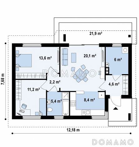 Проект небольшого одноэтажного дома из кирпича с отделённой спальной зоной / План 1 этажа