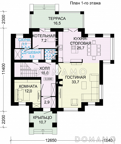 Проект дома из газобетона с сауной и тремя спальными комнатами / План 1 этажа