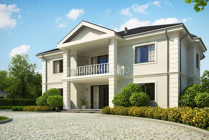 Проект большого двухэтажного дома из кирпича с четырьмя спальнями, сауной и просторной дневной зоной