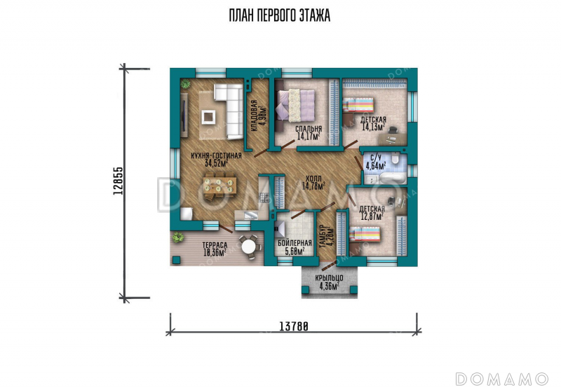 Проект компактного одноэтажного дома с террасой / План 1 этажа