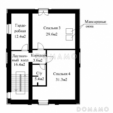 Проект большого кирпичного коттеджа с верандой, сауной и СПА-залом / План мансардного этажа