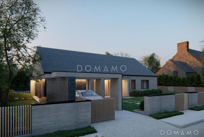 Проект одноэтажного современного дома с тремя спальными комнатами с общим санузлом, кабинетом, просторной дневной зоной