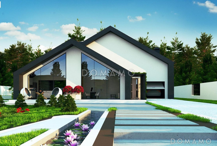 Проект современного одноэтажного мансардного дома с двухскатной крышей из кирпича с четырьмя комнатами и гаражом