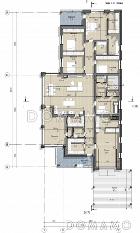 Проект одноэтажного дома с мастер-спальней, двумя детскими, гаражом, навесом и верандой / План 1 этажа