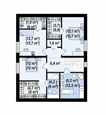 Проект комфортного загородного дома с панорамным остеклением гостиной, гаражом, кладовой и мастер-спальней на мансарде / План мансардного этажа