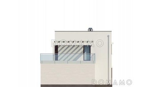 Проект современного двухэтажного дома из газобетона с плоской крышей с кабинетом, гаражом и крытыми террасами на обоих уровнях / Фасад 2