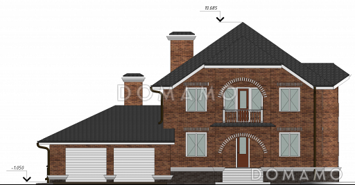Проект двухэтажного дома с цокольным этажом, гаражом, эркером и террасой / Фасад 1
