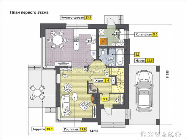 Проект уютного загородного дома с парной в цокольном этаже, навесом для машины, тремя спальнями на мансардном этаже / План 1 этажа
