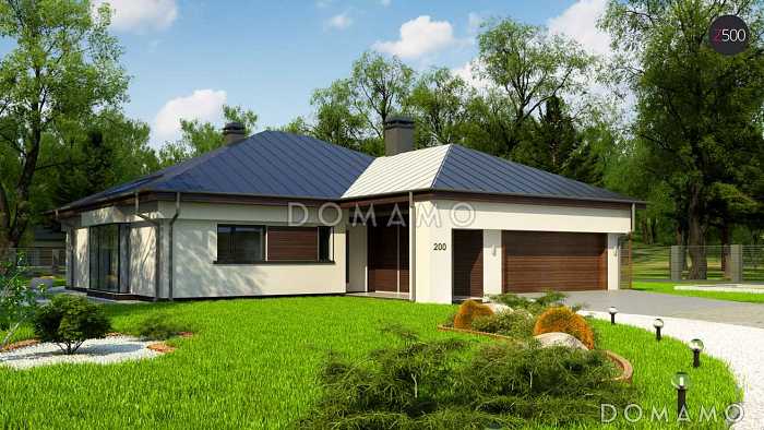 Проект одноэтажного дома из газобетона со стеклянным эркером в более просторной гостиной и гаражом на два автомобиля