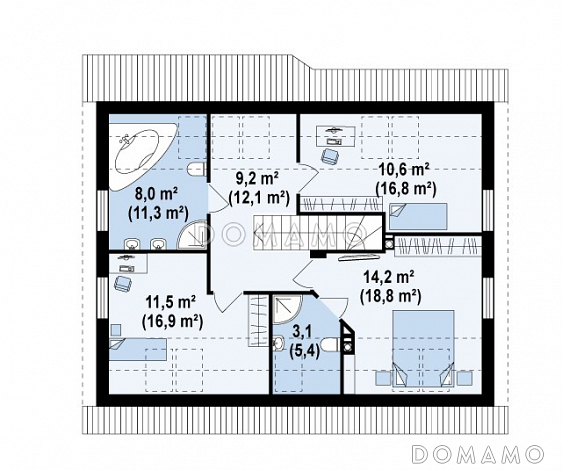 Проект одноэтажного мансардного дома из газобетона с тремя комнатами и кабинетом / План мансардного этажа