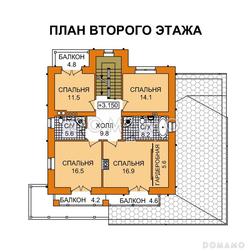 Проект дома с цокольным этажом и большой крытой террасой / План 2 этажа