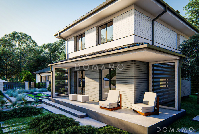 Проект двухэтажного загородного дома с кабинетом, зоной кухни с окном, гостиной с выходом на крытую террасу