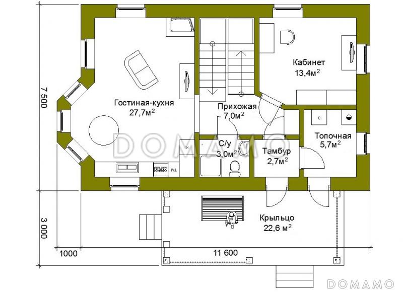 Проект компактного коттеджа из SIP с двускатной кровлей / План 1 этажа