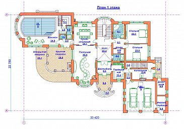 Проект кирпичного дома с бассейном / План 1 этажа