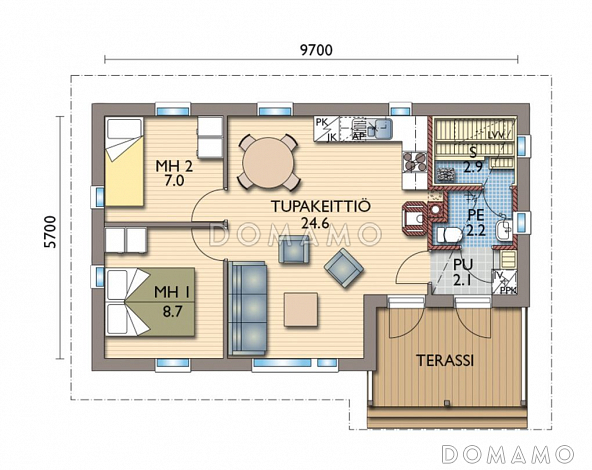 Проект каркасной сауны с двумя спальнями / План 1 этажа