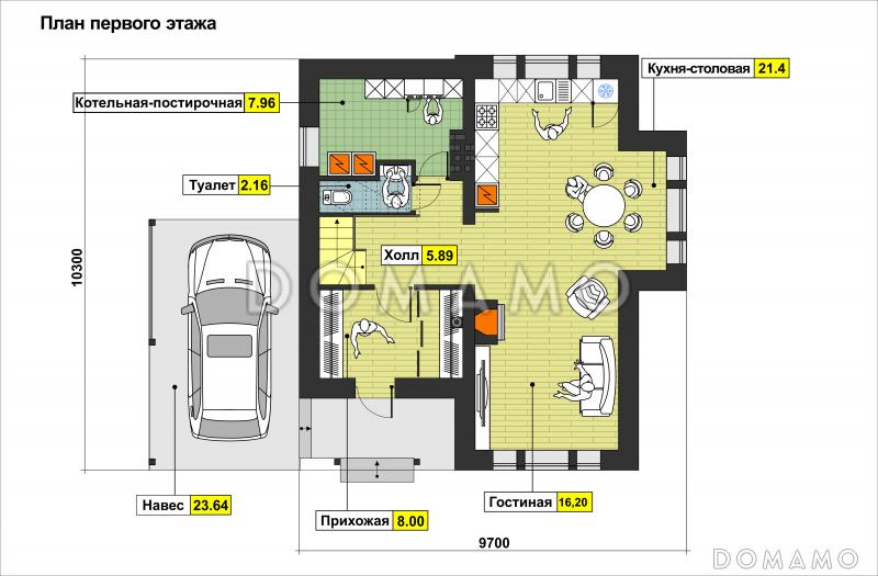 Проект дома с навесом для машины, котельной-постирочной, совмещенной кухней и гостиной / План 1 этажа