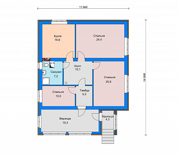 Проект загородного дома с верандой, изолированной кухней, санузлом с окном / План 1 этажа