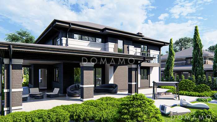 Проект двухэтажного дома с гаражом, большой крытой террасой, просторной хозяйской спальней с балконом, светлой гостиной