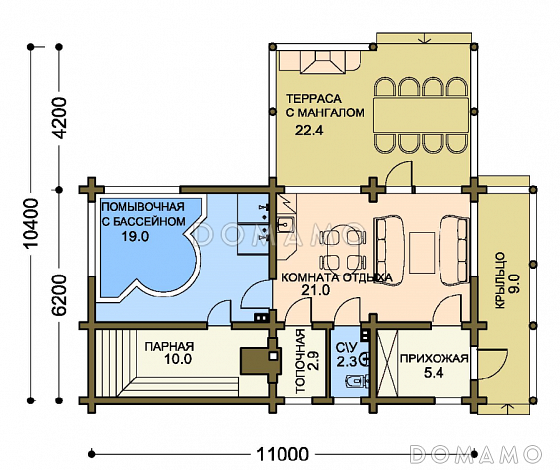 Проект бани с террасой и бассейном / План 1 этажа