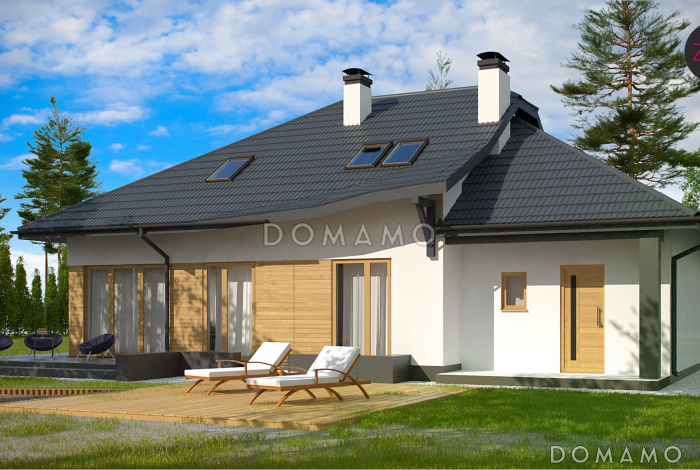 Проект просторного одноэтажного мансардного дома из кирпича с кабинетом, гаражом и комнатой над ним, улучшенная версия