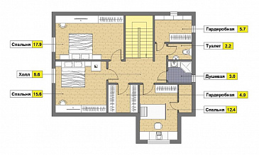 Проект каркасного дома с угловой террасой и просторныб балконом на мансардном этаже / План мансардного этажа