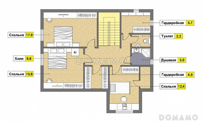 Проект каркасного дома с угловой террасой и просторныб балконом на мансардном этаже / План мансардного этажа
