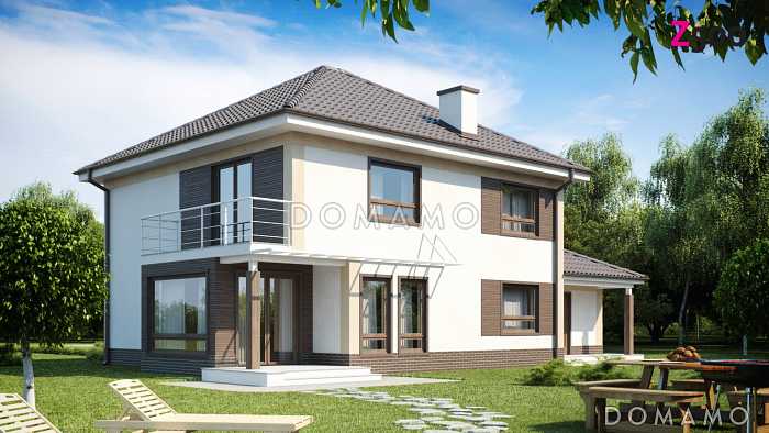 Проект двухэтажного дома из газобетона с эркером и балконом над ним, с тремя спальнями, кабинетом и гаражом