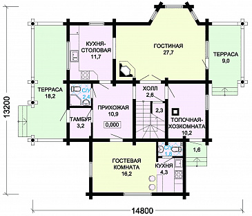 Проект деревянного дома из оцилиндрованного бревна / План 1 этажа