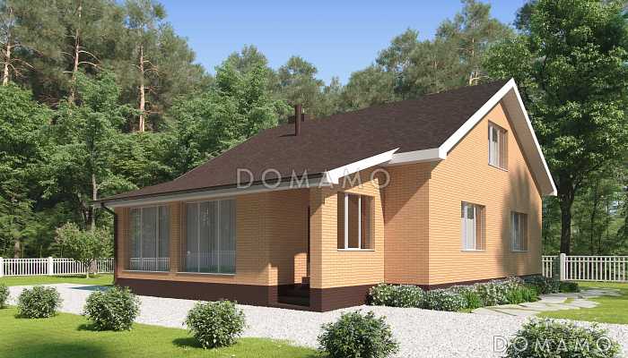 Проект загородного дома с верандой, изолированной кухней, санузлом с окном