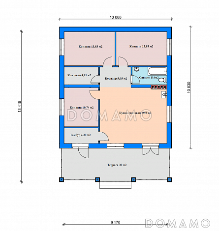 Проект дома из газобетона с террасой, кухней-столовой, кладовой / План 1 этажа