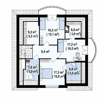 Проект одноэтажного мансардного дома из газобетона с двумя балконами и барбекю на террасе  / План мансардного этажа