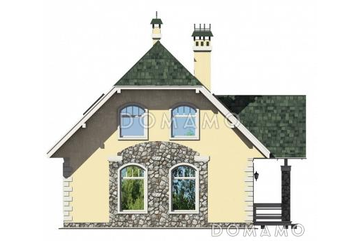 Проект уютного загородного дома из SIP панелей с ажурным крыльцом под зеленой крышей / Фасад 2