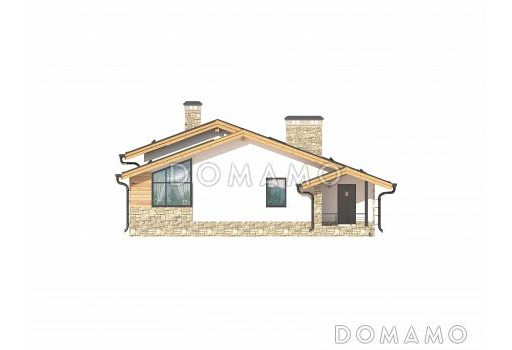 Проект одноэтажного дома из SIP панелей с крытой террасой, сауной, тремя спальнями, большой кухней-столовой / Фасад 1