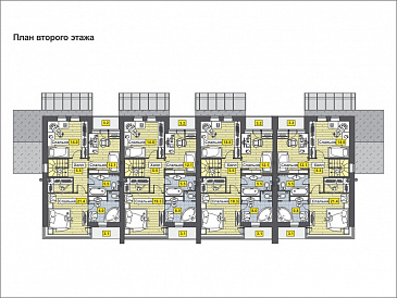Проект дома с крытой террасой, балконами, круглыми окнами, большой кухней-столовой / План мансардного этажа