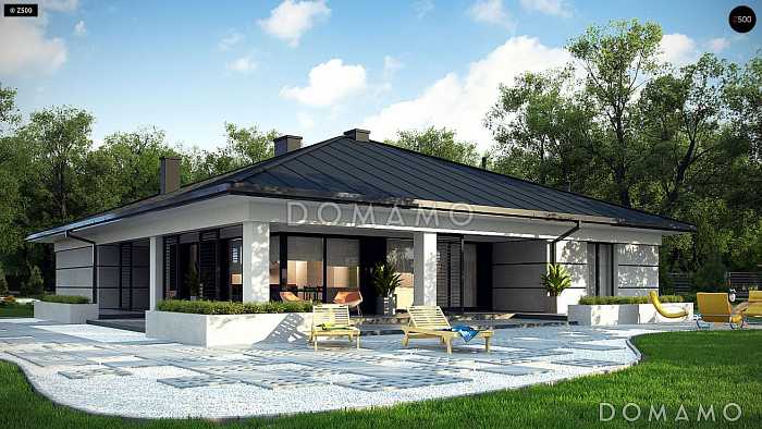 Проект одноэтажного дома с подвалом, гаражом на две машины, панорамным остеклением  гостиной