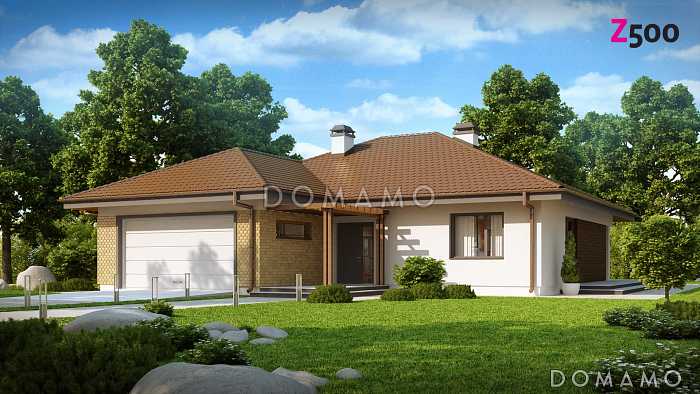 Проект одноэтажного дома из кирпича с большим гаражом и техническим помещением и частично крытой угловой террасой